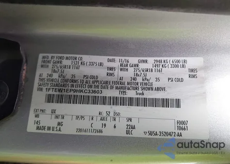 2017 Ford F-150 Xlt z USA, uszkodzony, nr VIN 1FTEW1EP9HKC33603